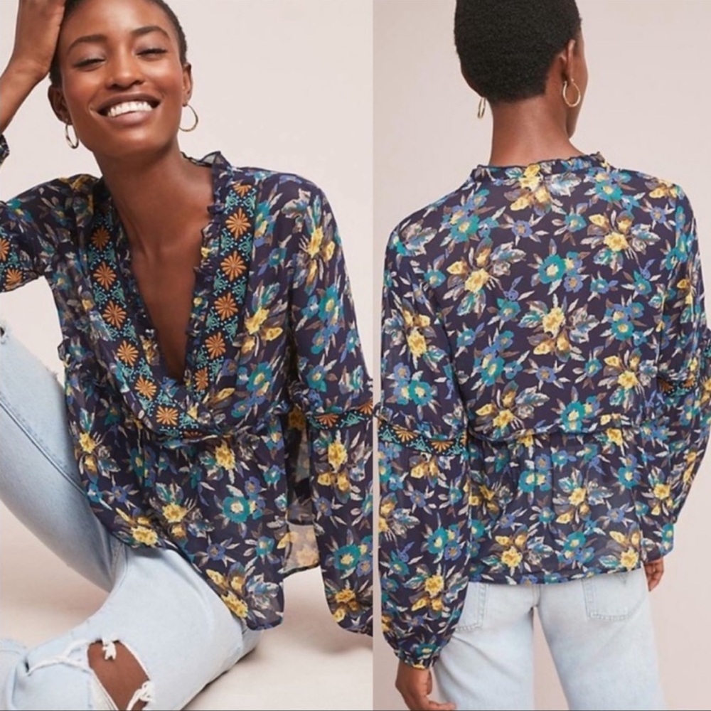 Anthropologie Floral Blouse - Blue and Yellow